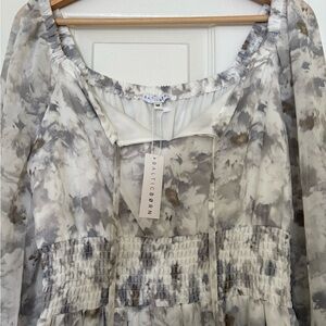 Baltic Born Long-Sleeve Watercolor Peasant Dress in Cream and Gray